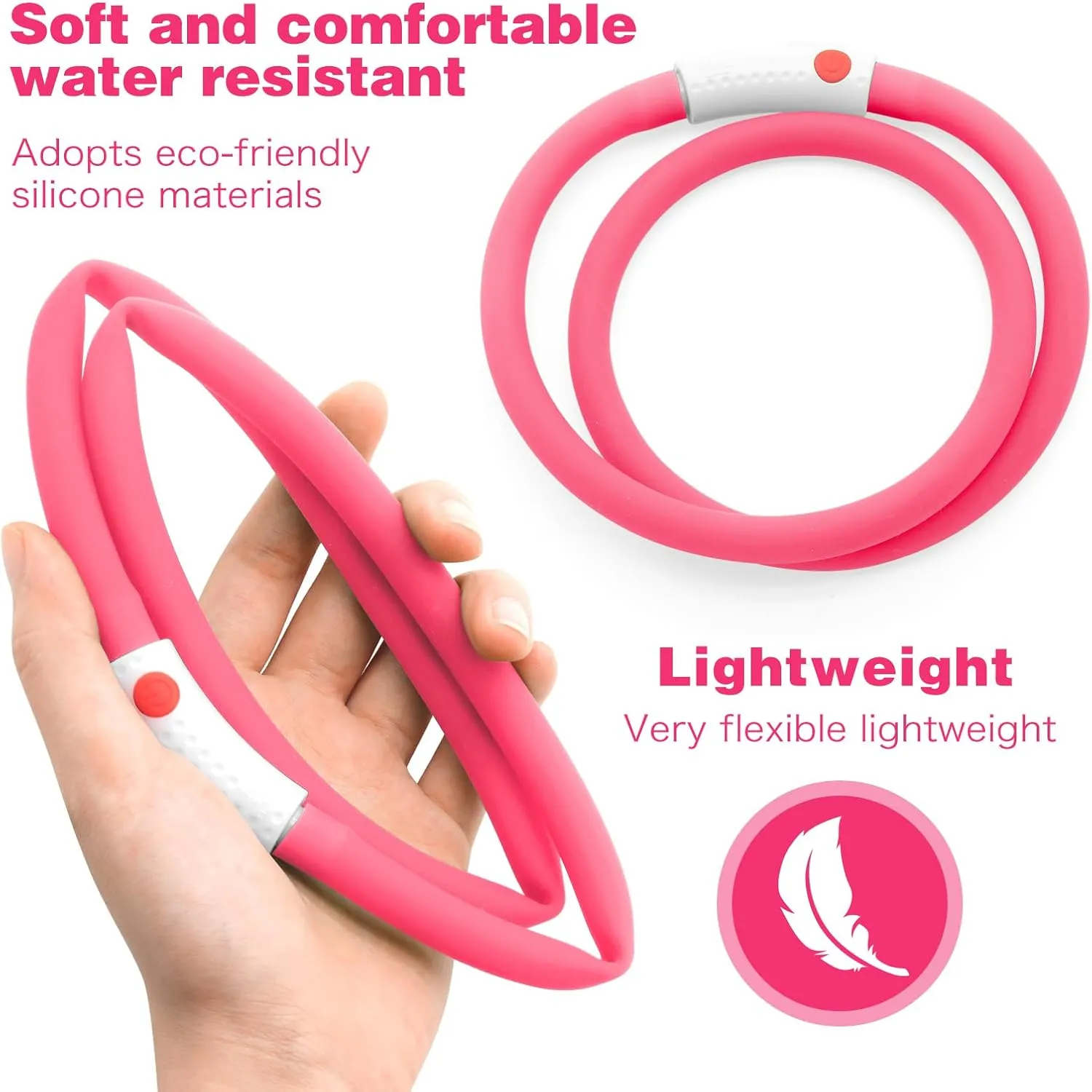 2-Pack LED Dog Collar, HIGO Light Up Dog Collars Glow in The Dark, USB Rechargeable Dog Lights for Night Walking, Reusable Safety Necklace for Small Medium Large Dogs (Pink)