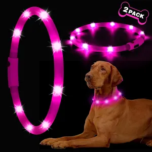 2-Pack LED Dog Collar, HIGO Light Up Dog Collars Glow in The Dark, USB Rechargeable Dog Lights for Night Walking, Reusable Safety Necklace for Small Medium Large Dogs (Pink)