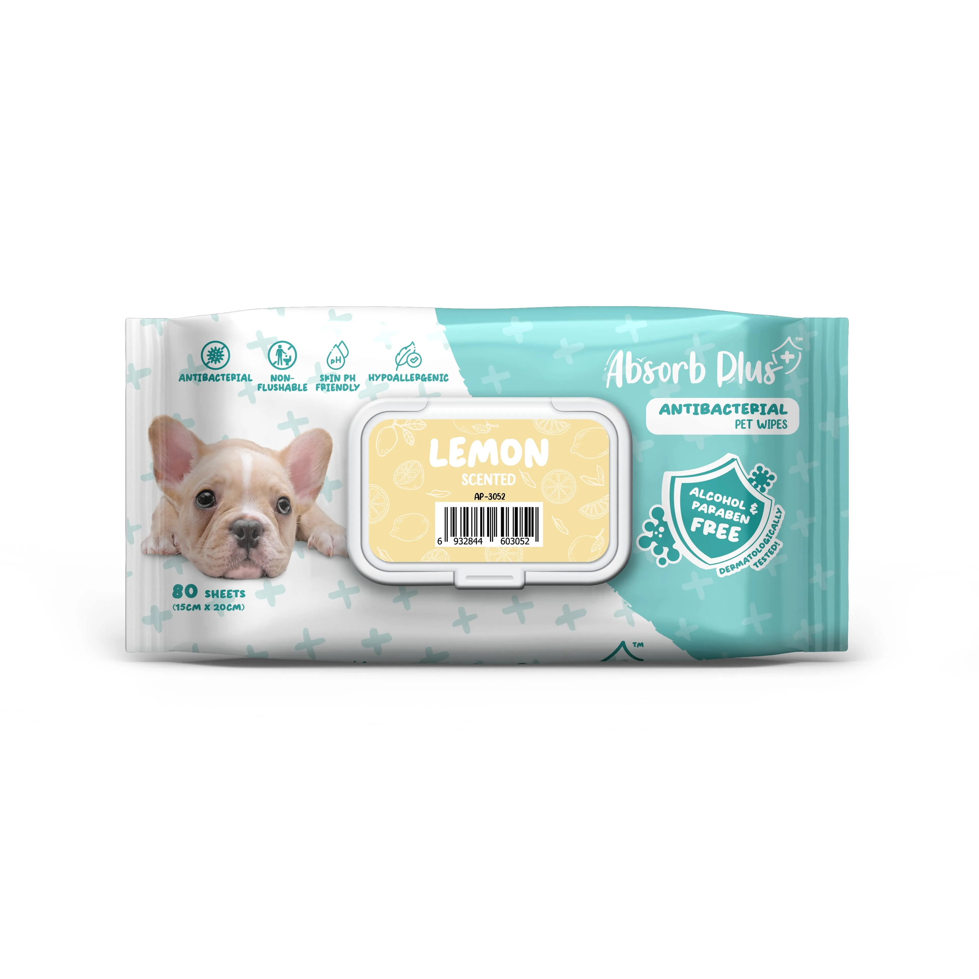 Absorb Plus Antibacterial Pet Wipes - Lemon (80pcs) | Alcohol & Paraben Free