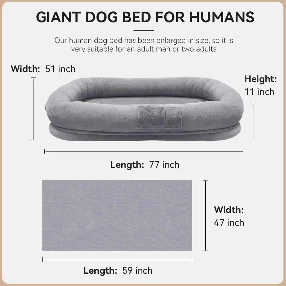 AiroPaws™ Ultra-Soft Human-Size Dog Bed for People & Pets | 77”x51”x11” Extra Large Dog Bed with Raised Cushioned Rim | Removable Cover