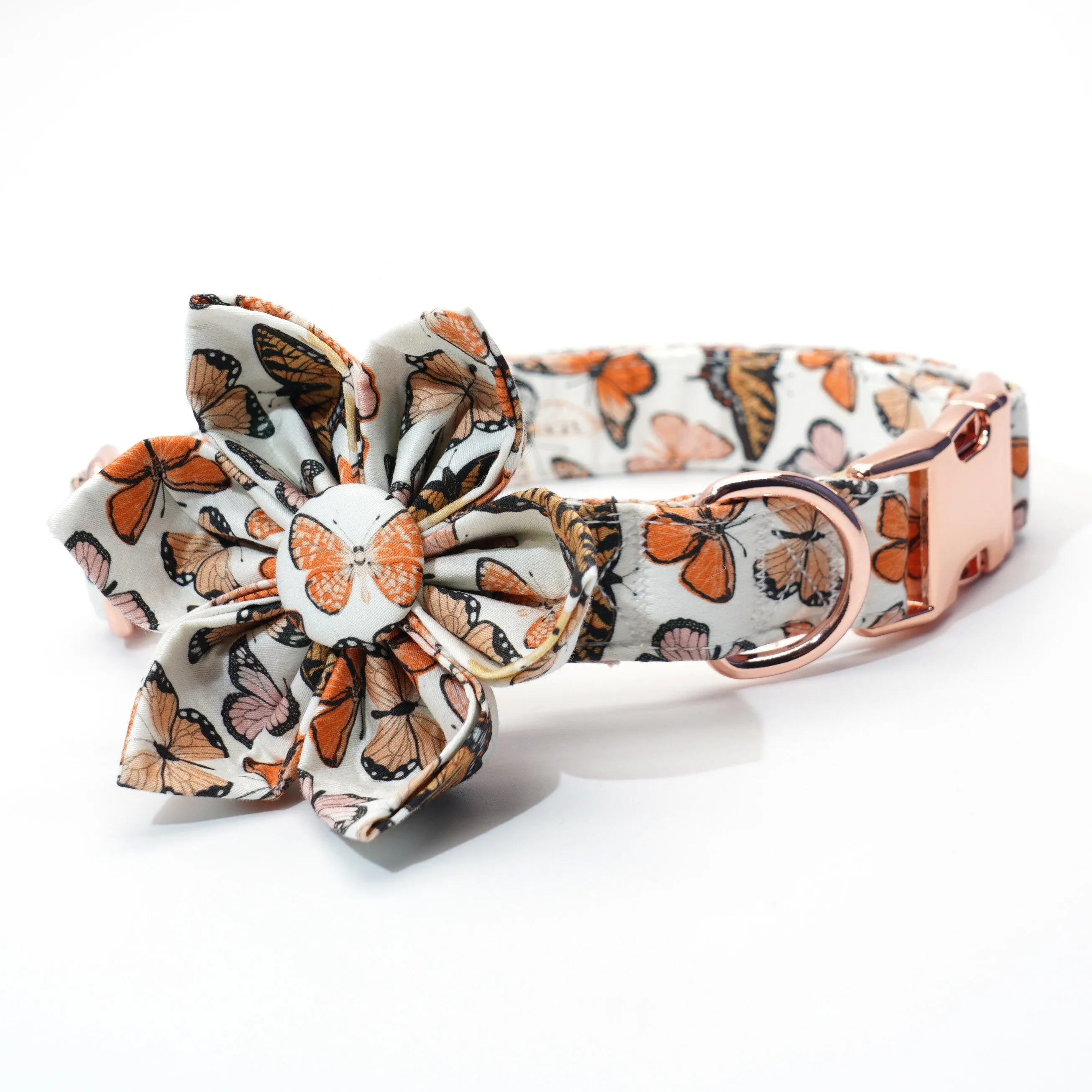 Breezy Butterflies Set: Personalized Flower Collar/Bow collar, Harness, Leash, Poopbag, And Bandana.