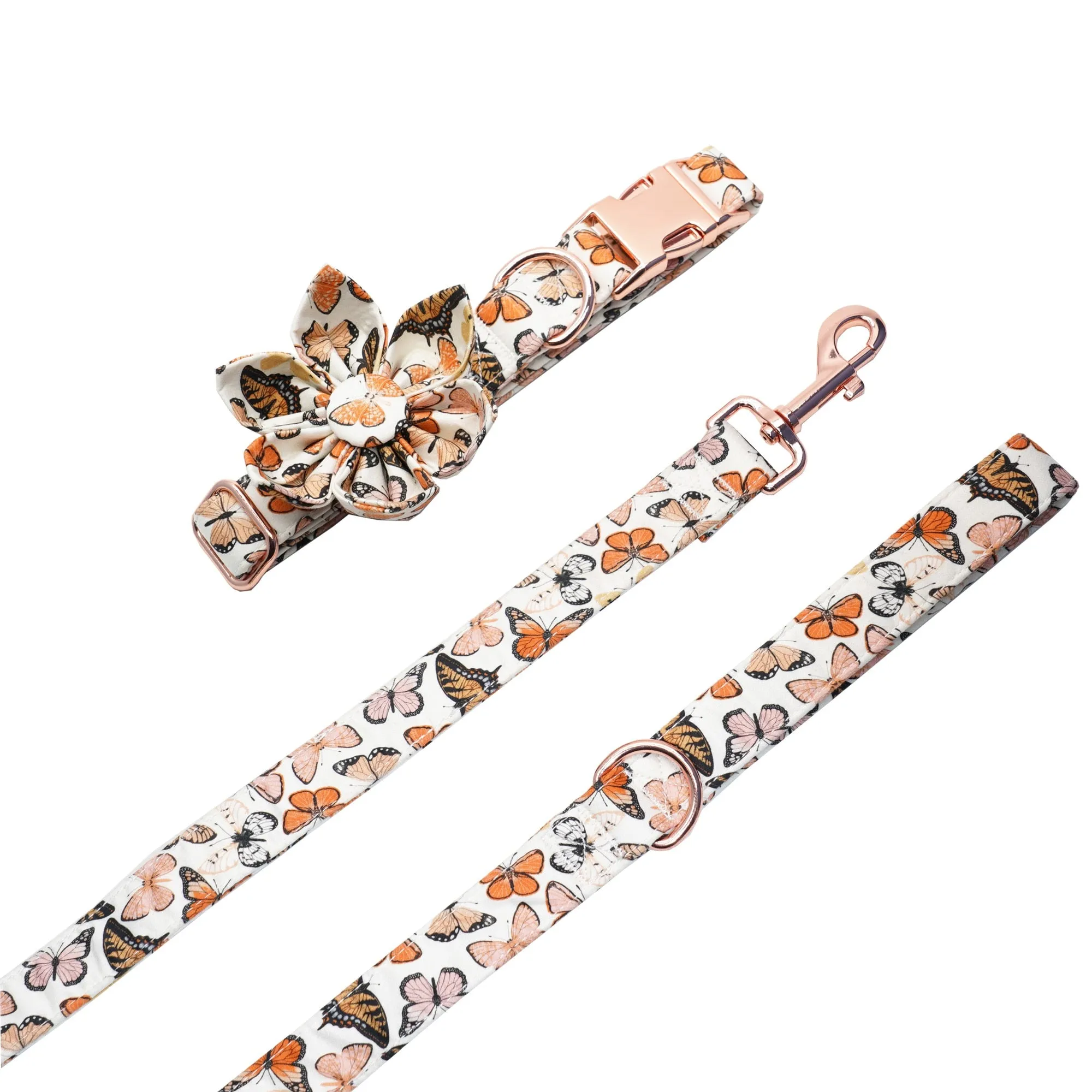 Breezy Butterflies Set: Personalized Flower Collar/Bow collar, Harness, Leash, Poopbag, And Bandana.