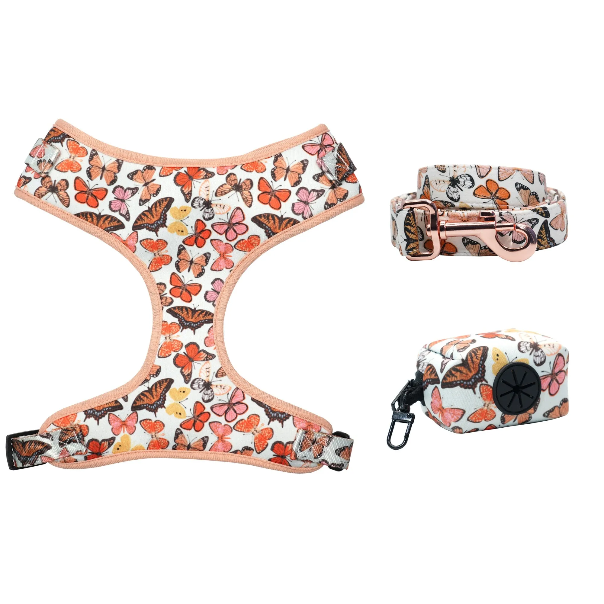 Breezy Butterflies Set: Personalized Flower Collar/Bow collar, Harness, Leash, Poopbag, And Bandana.