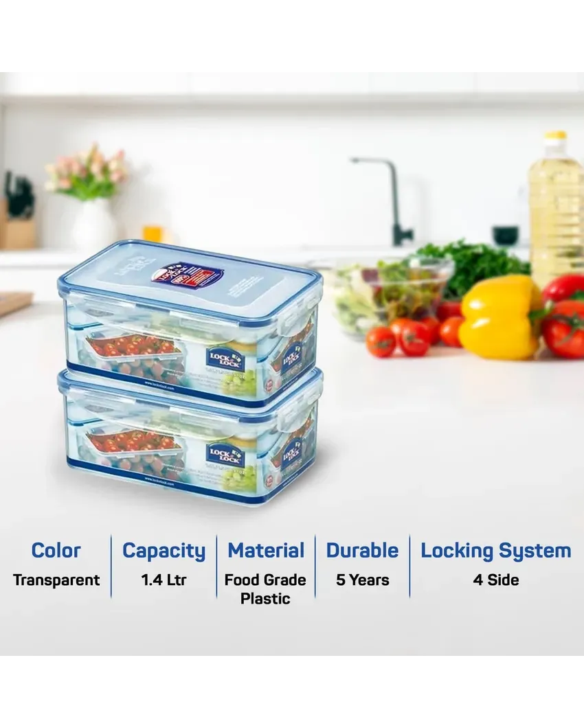 Classics Rectangular Plastic Airtight Food Storage Containers With Leakproof Lid | 1.4 Liter | Set Of 2 | Transparent