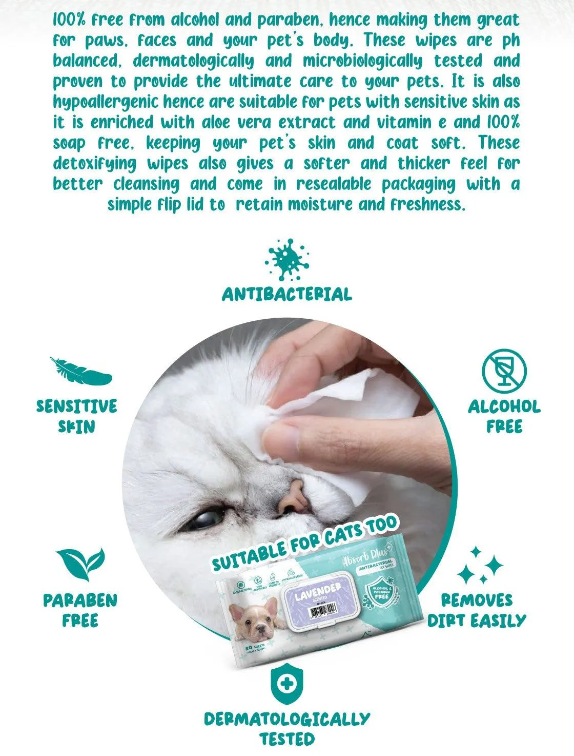 [CTN] AbsorbPlus Antibacterial Pet Wipes - Aloe Vera (80pcs x 12) | Alcohol & Paraben Free