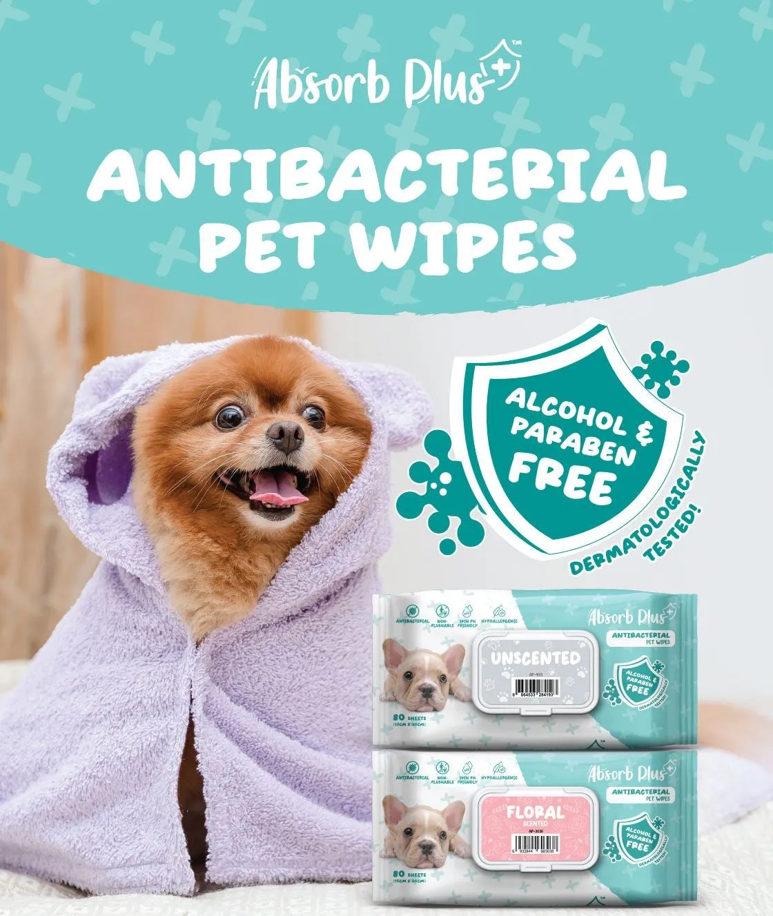 [CTN] AbsorbPlus Antibacterial Pet Wipes - Aloe Vera (80pcs x 12) | Alcohol & Paraben Free