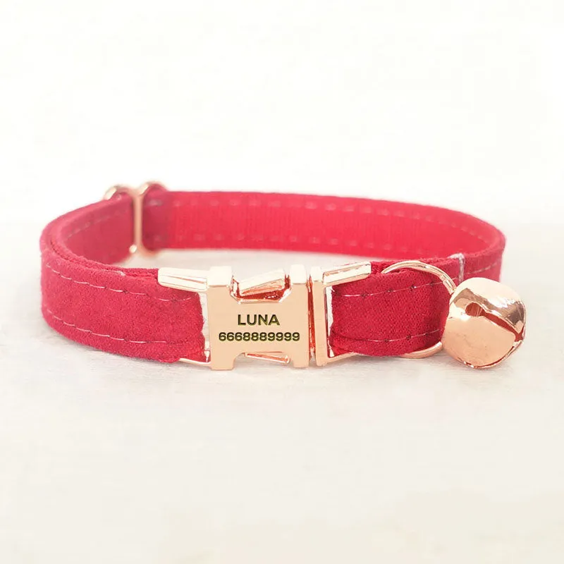 Custom Cat Collar with Bells Engraved Rose Gold Metal Buckle Red Velvet