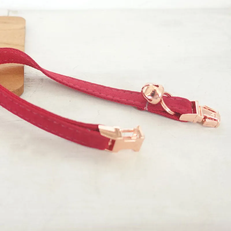 Custom Cat Collar with Bells Engraved Rose Gold Metal Buckle Red Velvet