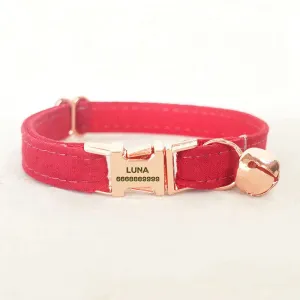 Custom Cat Collar with Bells Engraved Rose Gold Metal Buckle Red Velvet