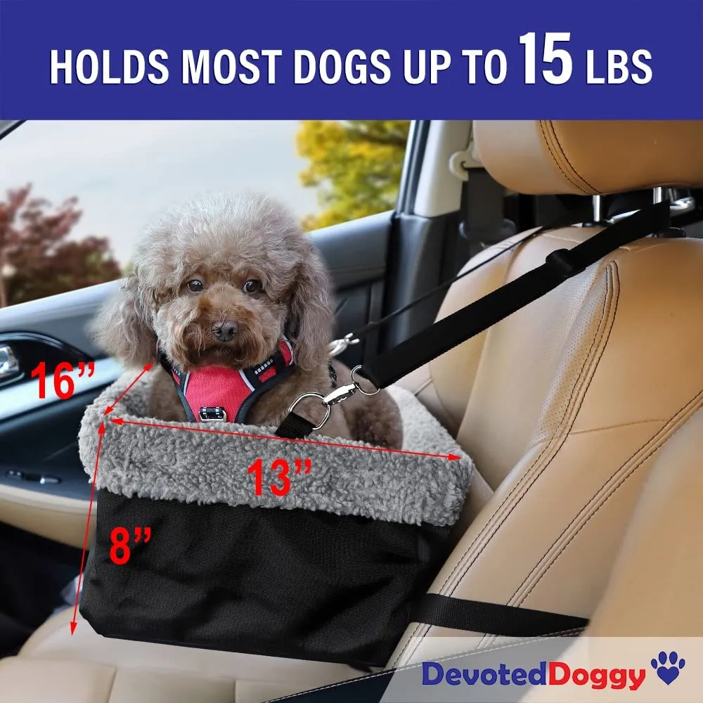 Devoted Doggy Deluxe Dog Car Seat Fits Pets up to 15lbs, Dog Booster Seat, Padded Cushioning, Adjustable Straps, Metal Frame Encasing, Installs in Seconds, Collapsible Canvas and Easy to Clean