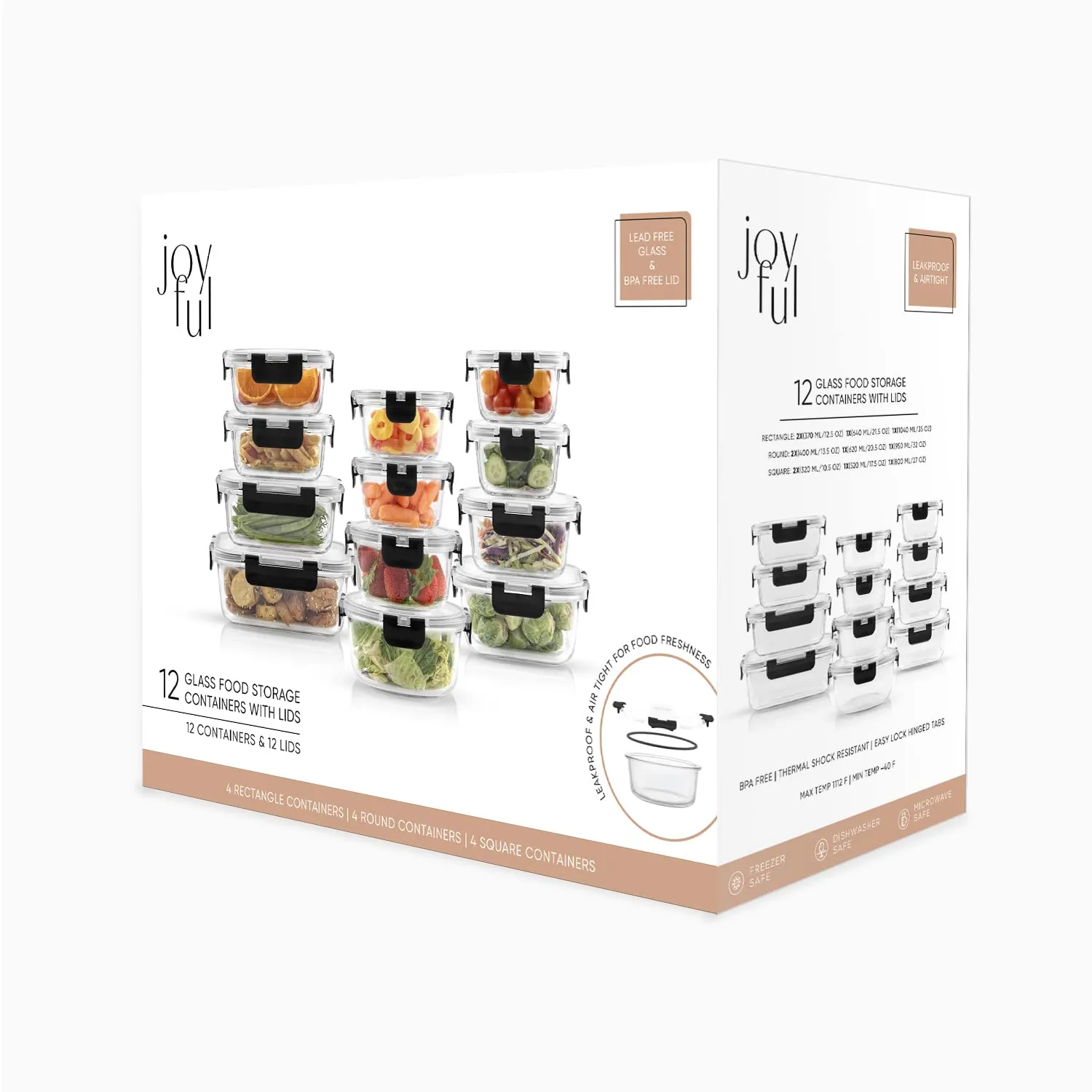 JoyJolt JoyFul 24pc(12 Airtight, Freezer Safe Food Storage Containers and 12 Lids), Pantry Kitchen Storage Containers, Glass Meal Prep Container for Lunch, Glass Storage Containers with Lids