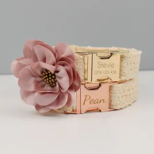 Lace Collar With Pink Flower: Free Engrave Dog Collar Leash Set