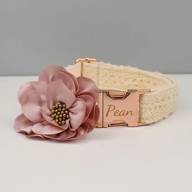 Lace Collar With Pink Flower: Free Engrave Dog Collar Leash Set