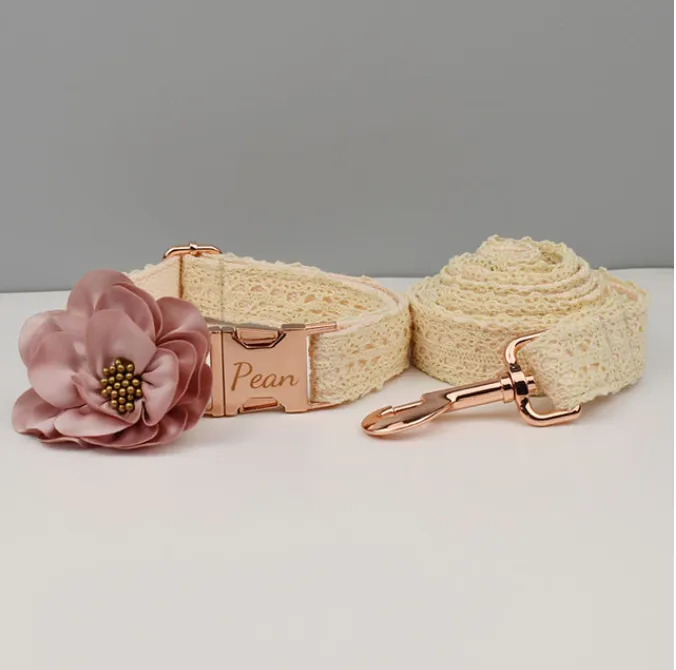 Lace Collar With Pink Flower: Free Engrave Dog Collar Leash Set