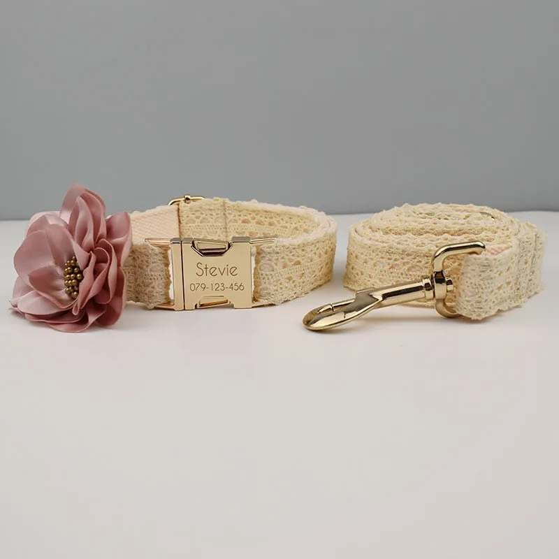 Lace Collar With Pink Flower: Free Engrave Dog Collar Leash Set