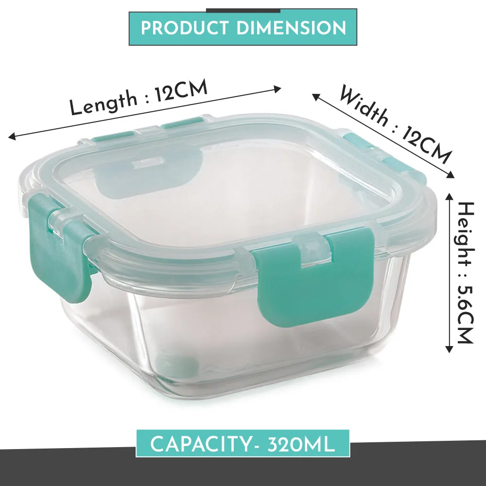 Magnus Glock Glass Food Square Container with Break-Free Detachable Lock, 320ML - Oven & Microwave Safe Borosilicate Glass Lunch Box, Kitchen Essentials, Lunch Boxes for Office Men, Green