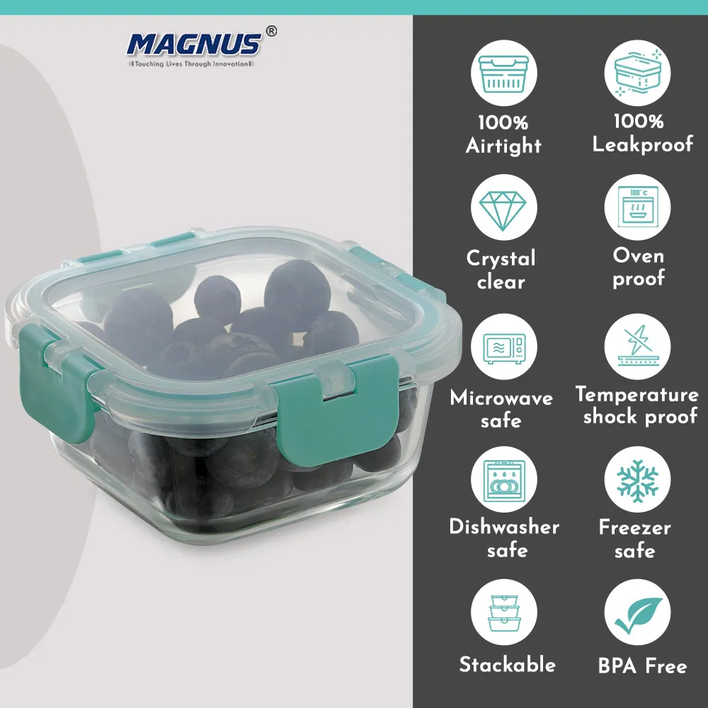 Magnus Glock Glass Food Square Container with Break-Free Detachable Lock, 320ML - Oven & Microwave Safe Borosilicate Glass Lunch Box, Kitchen Essentials, Lunch Boxes for Office Men, Green