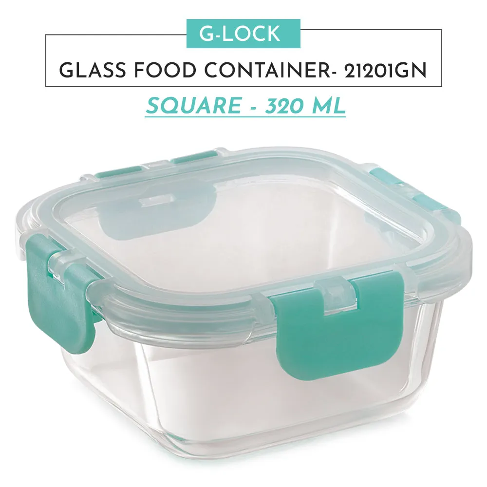 Magnus Glock Glass Food Square Container with Break-Free Detachable Lock, 320ML - Oven & Microwave Safe Borosilicate Glass Lunch Box, Kitchen Essentials, Lunch Boxes for Office Men, Green