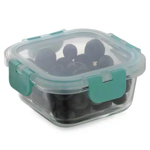 Magnus Glock Glass Food Square Container with Break-Free Detachable Lock, 320ML - Oven & Microwave Safe Borosilicate Glass Lunch Box, Kitchen Essentials, Lunch Boxes for Office Men, Green
