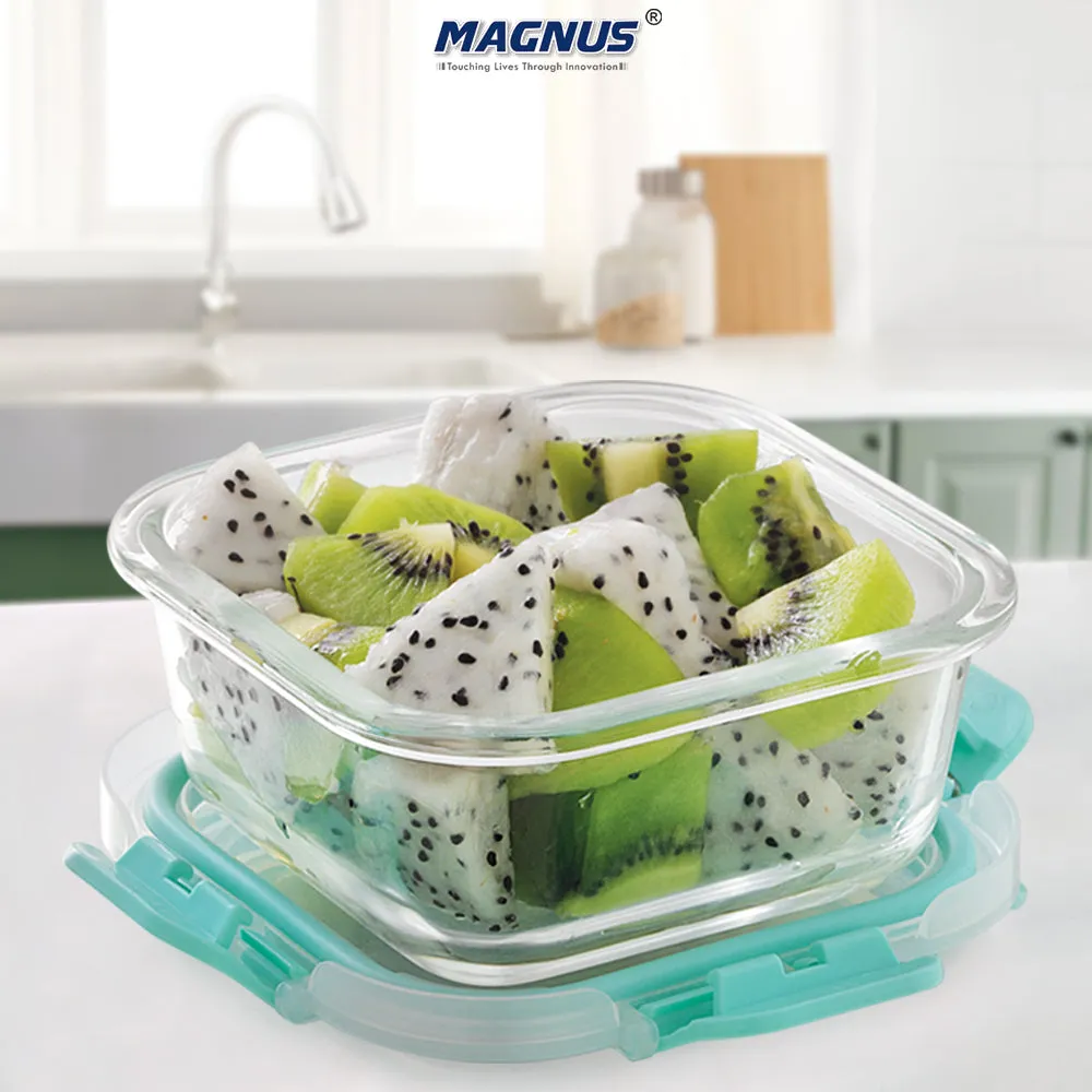 Magnus Glock Glass Food Square Container with Break-Free Detachable Lock, 320ML - Oven & Microwave Safe Borosilicate Glass Lunch Box, Kitchen Essentials, Lunch Boxes for Office Men, Green