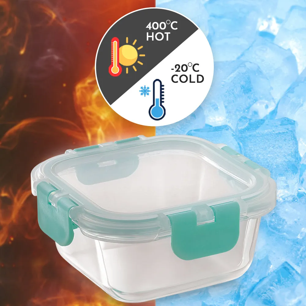 Magnus Glock Glass Food Square Container with Break-Free Detachable Lock, 320ML - Oven & Microwave Safe Borosilicate Glass Lunch Box, Kitchen Essentials, Lunch Boxes for Office Men, Green