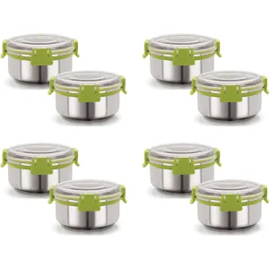Magnus Klip Lock Stainless Steel Airtight Leakproof Storage Container Set, 300 ML Each, Set of 8 - Perfect Kitchen Accessories Items, Ideal Lunch Box, Durable Lunch Boxes for Office Men