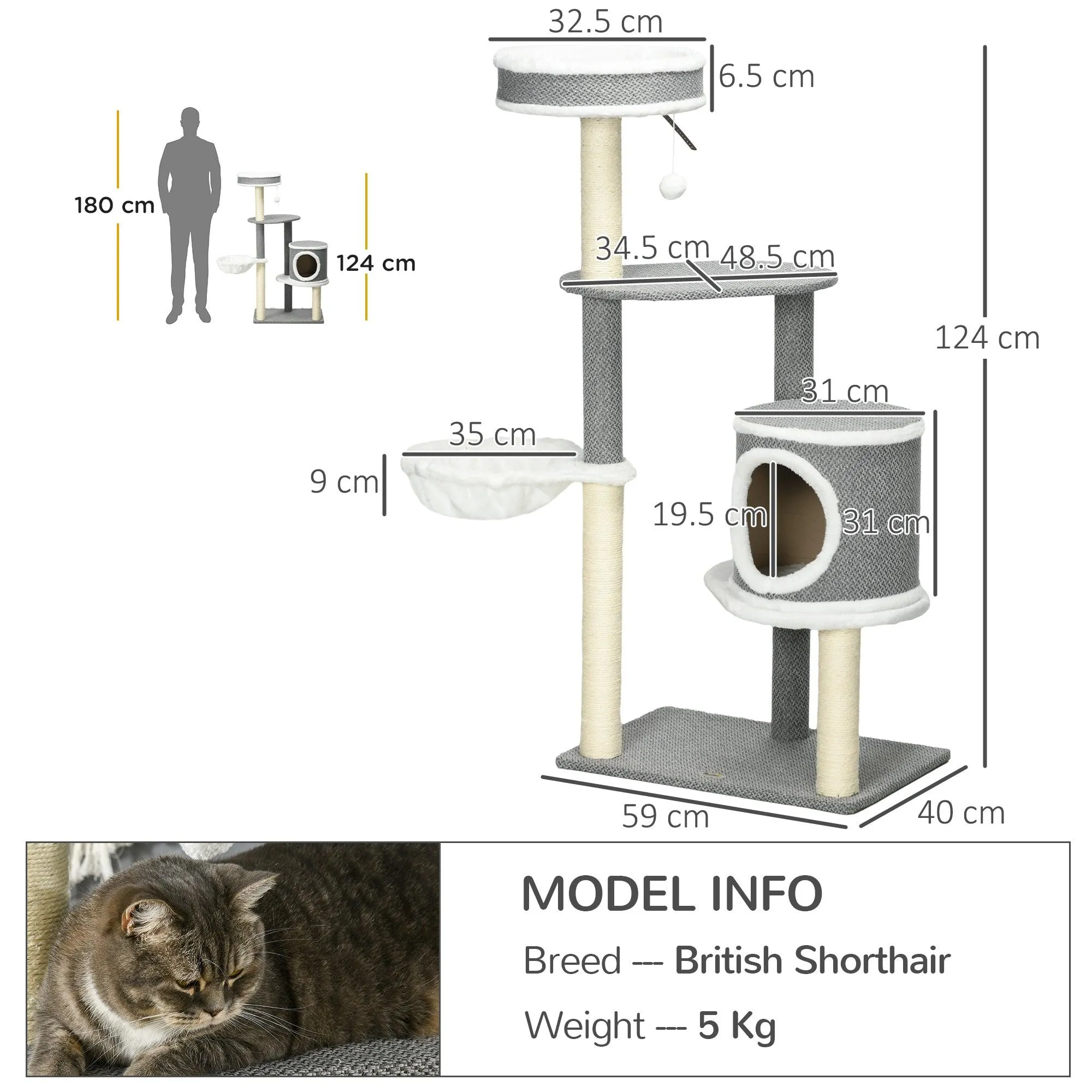 Multi-level Cat Tower with Bed & Toy Ball, 124cm - Grey