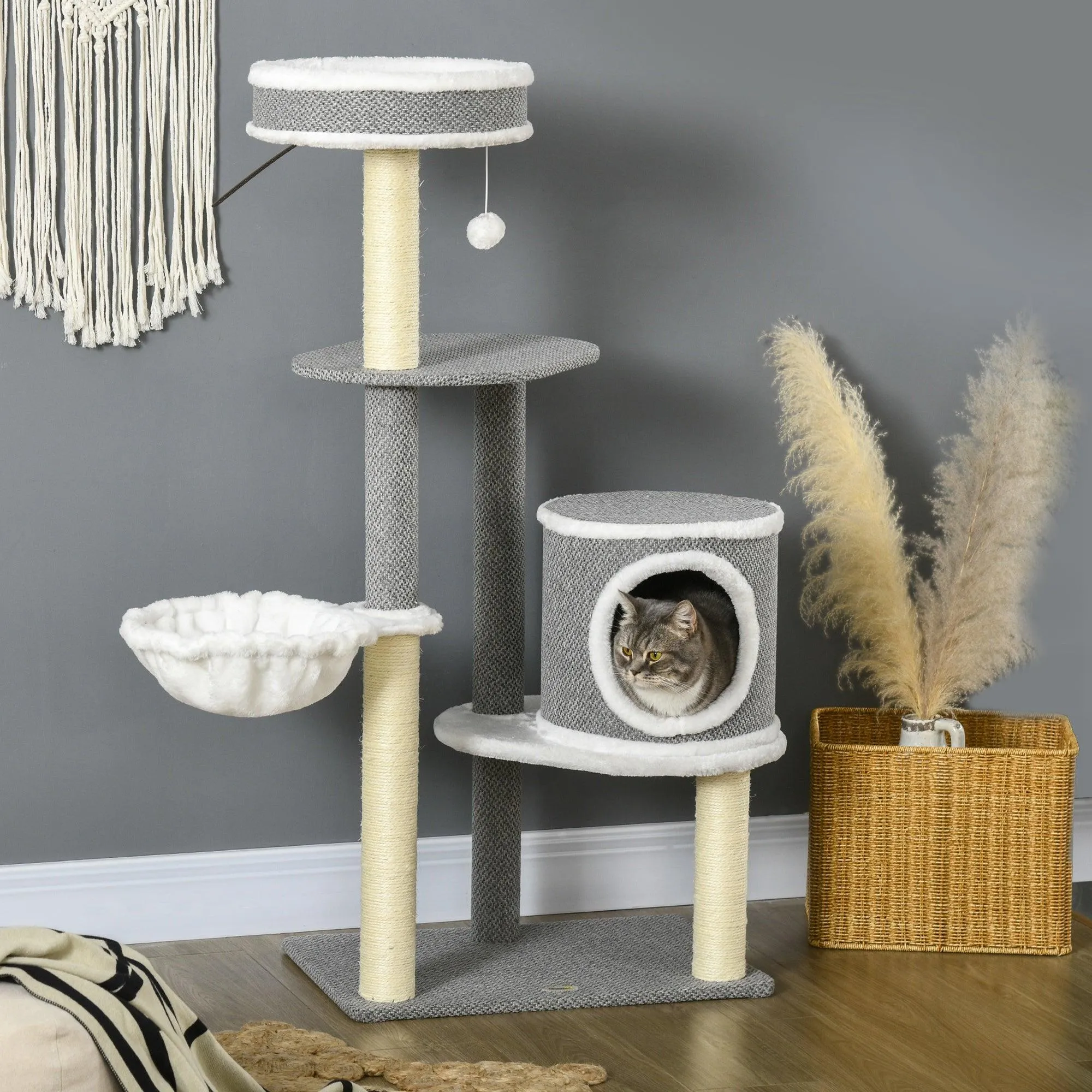 Multi-level Cat Tower with Bed & Toy Ball, 124cm - Grey