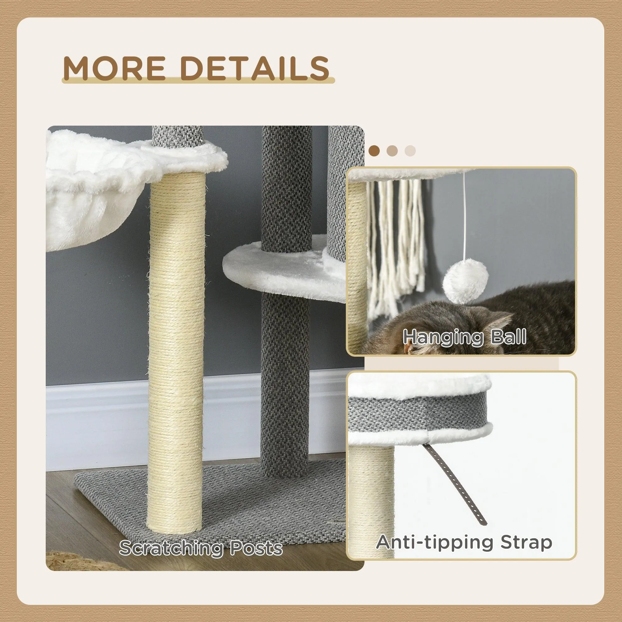 Multi-level Cat Tower with Bed & Toy Ball, 124cm - Grey