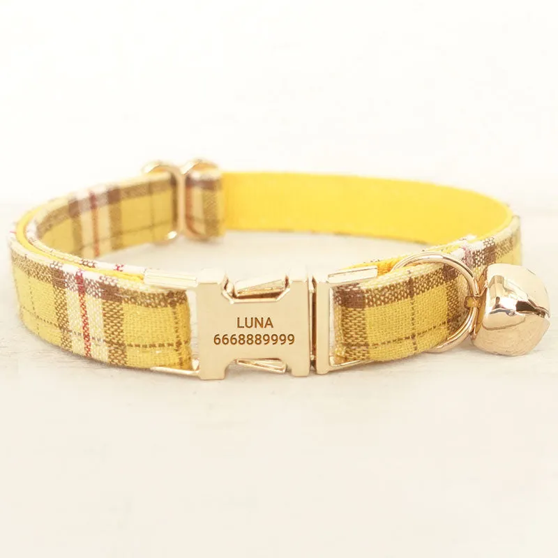 Personalized Cat Collar with Name Engraved Gold Buckle Lemon Plaid