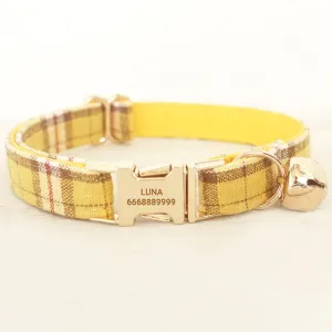 Personalized Cat Collar with Name Engraved Gold Buckle Lemon Plaid