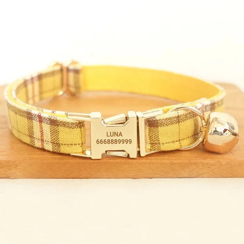 Personalized Cat Collar with Name Engraved Gold Buckle Lemon Plaid