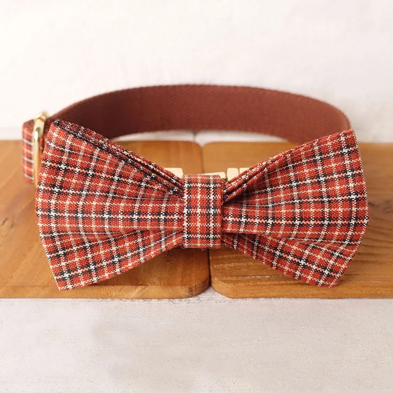 Personalized Dog Collar Set Engraved Gold Buckle Brown Plaid