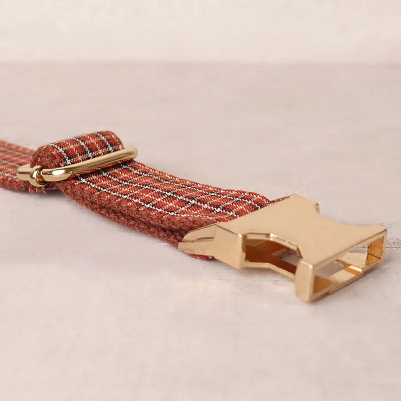 Personalized Dog Collar Set Engraved Gold Buckle Brown Plaid