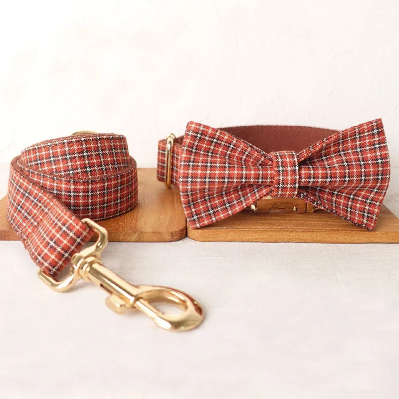 Personalized Dog Collar Set Engraved Gold Buckle Brown Plaid