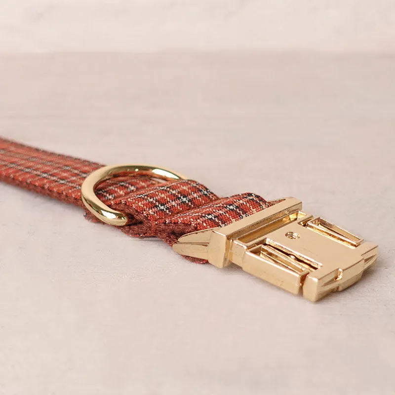 Personalized Dog Collar Set Engraved Gold Buckle Brown Plaid