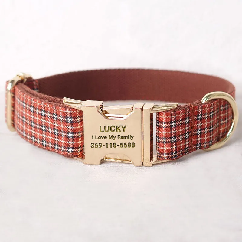 Personalized Dog Collar Set Engraved Gold Buckle Brown Plaid