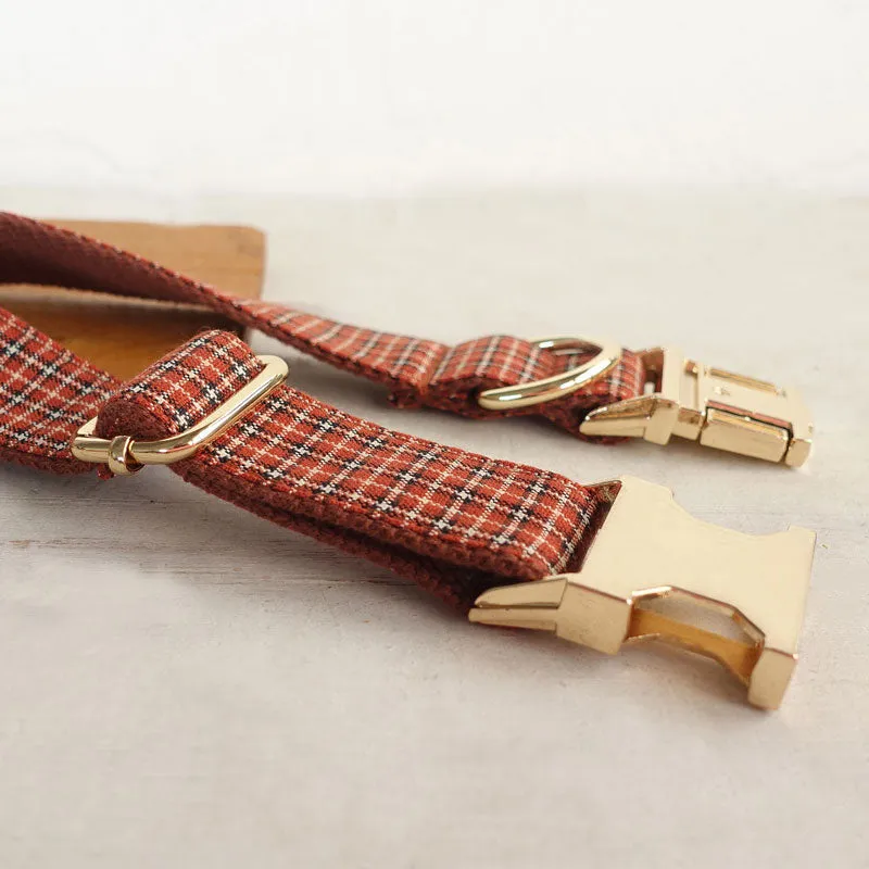 Personalized Dog Collar Set Engraved Gold Buckle Brown Plaid