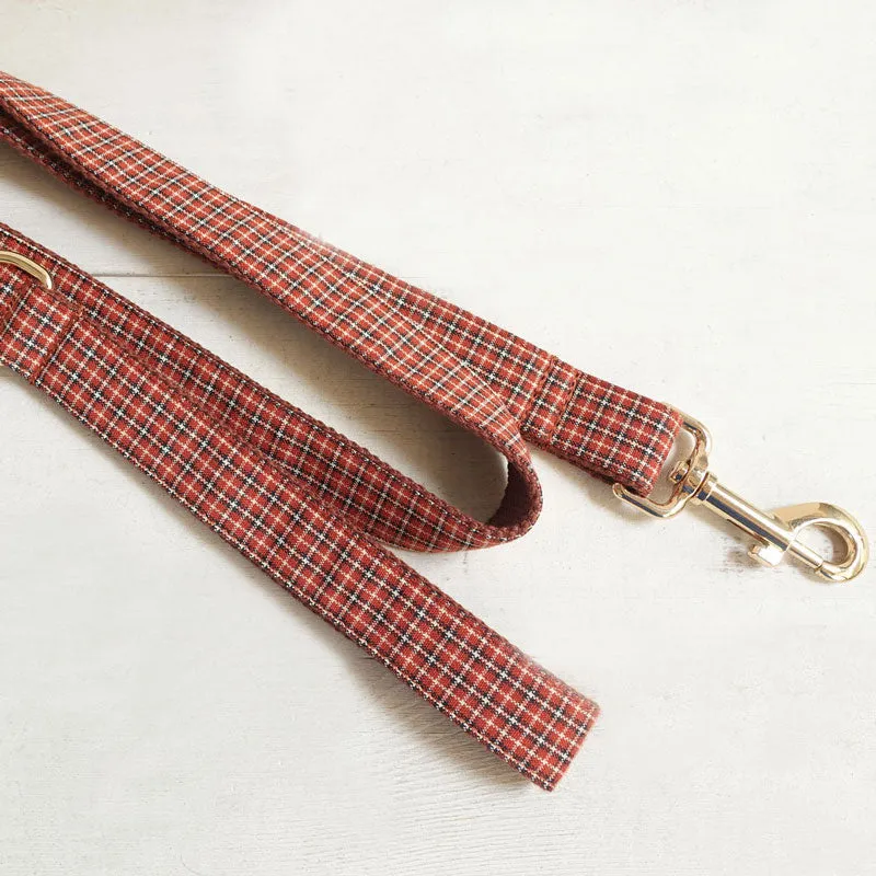 Personalized Dog Collar Set Engraved Gold Buckle Brown Plaid