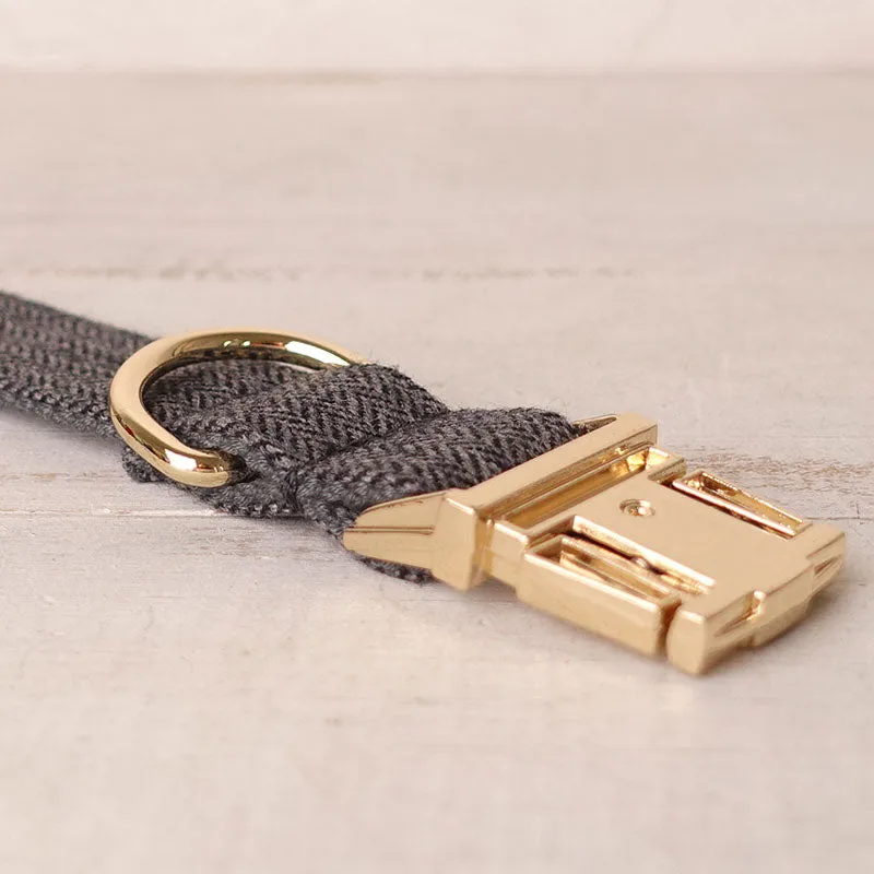 Personalized Dog Collar Set Engraved Gold Buckle Grey Tweed