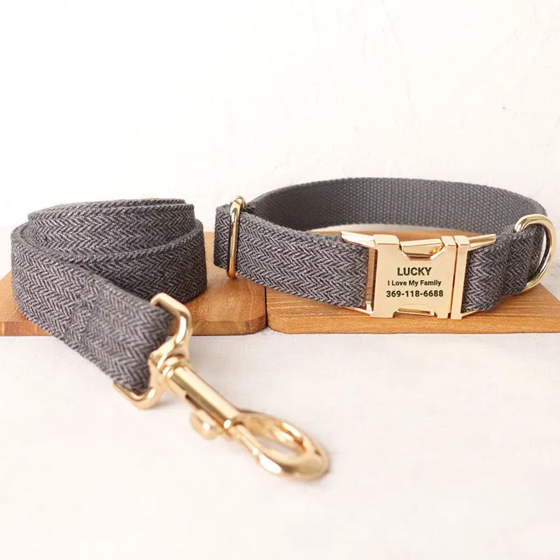 Personalized Dog Collar Set Engraved Gold Buckle Grey Tweed