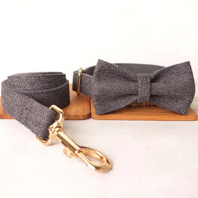 Personalized Dog Collar Set Engraved Gold Buckle Grey Tweed
