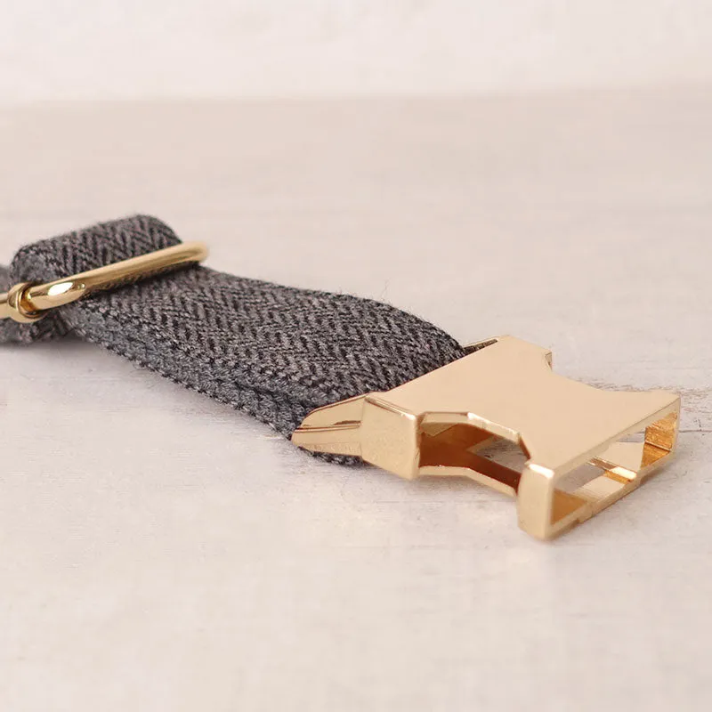 Personalized Dog Collar Set Engraved Gold Buckle Grey Tweed