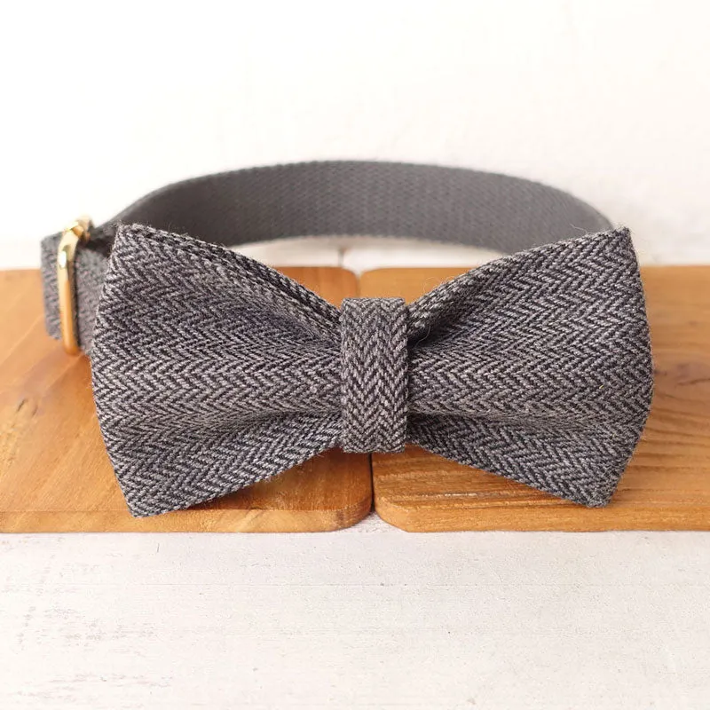 Personalized Dog Collar Set Engraved Gold Buckle Grey Tweed
