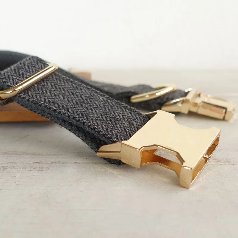 Personalized Dog Collar Set Engraved Gold Buckle Grey Tweed