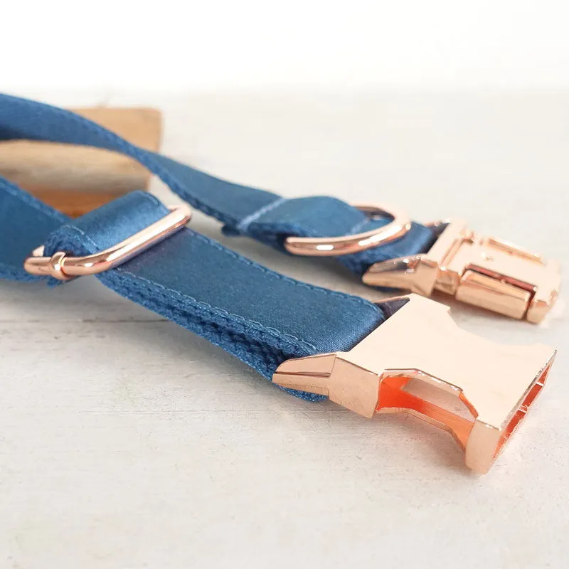 Personalized Dog Collar Set Engraved Rose Gold Buckle Ocean Blue Sating