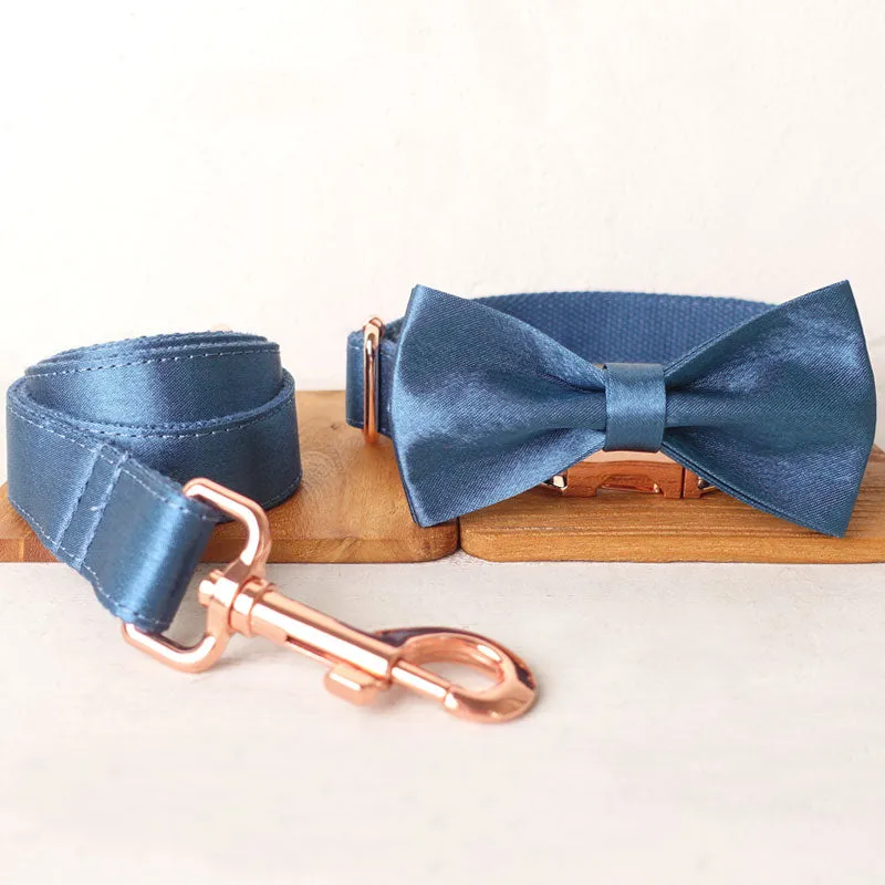 Personalized Dog Collar Set Engraved Rose Gold Buckle Ocean Blue Sating
