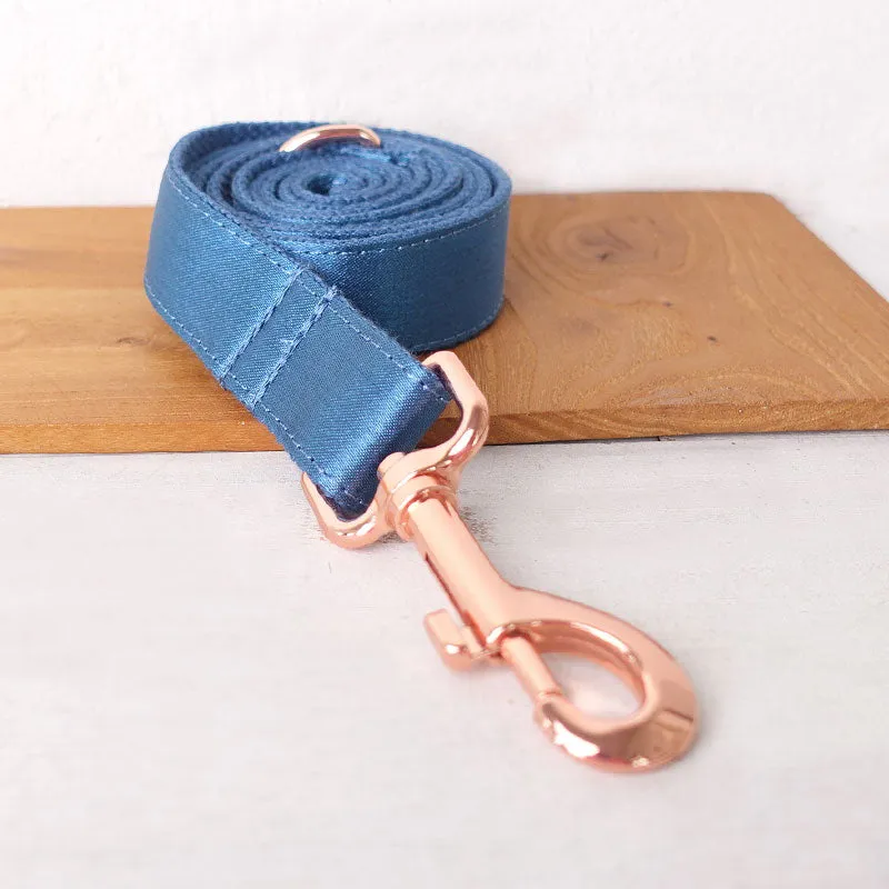 Personalized Dog Collar Set Engraved Rose Gold Buckle Ocean Blue Sating