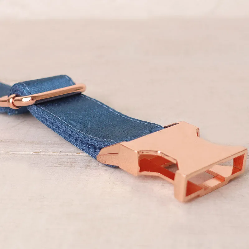 Personalized Dog Collar Set Engraved Rose Gold Buckle Ocean Blue Sating
