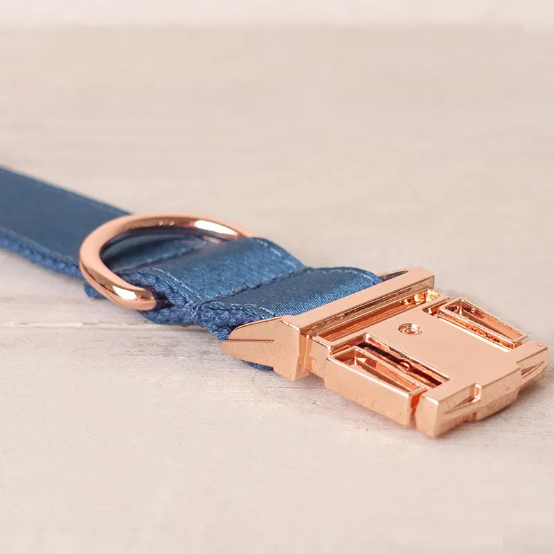 Personalized Dog Collar Set Engraved Rose Gold Buckle Ocean Blue Sating